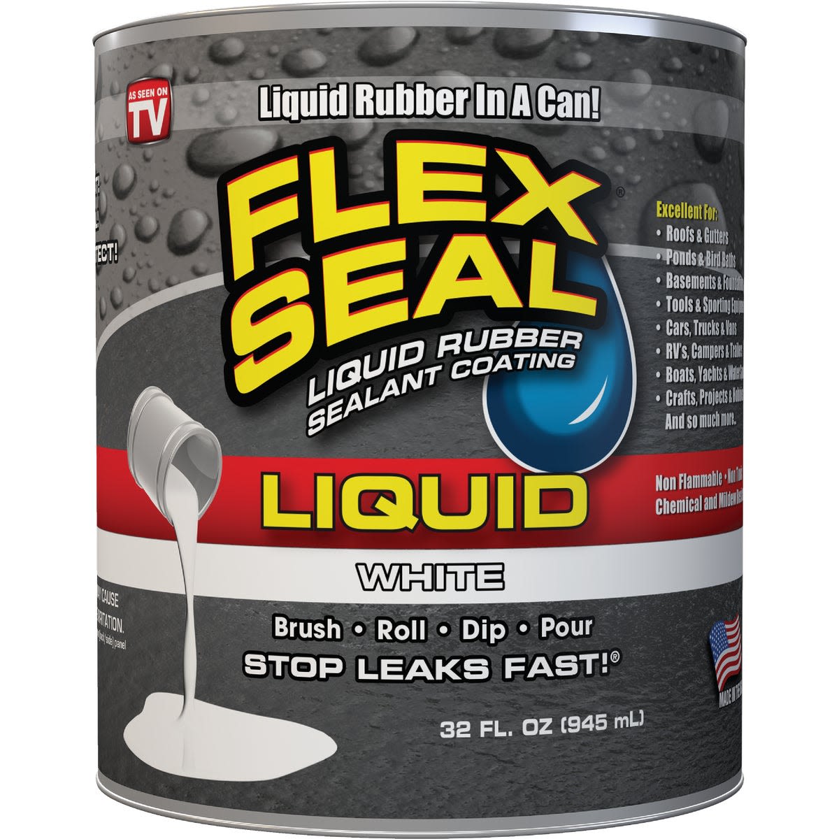 Can of white liquid rubber sealant coating for sealing leaks in tools and home improvement projects