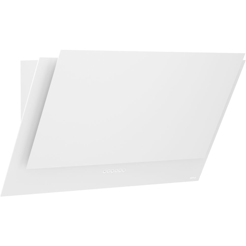 White angled wall mount range hood with tri-level LED lighting and capacitive touch controls for kitchen appliances and home improvement
