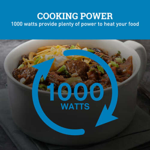 Bowl of hot food with overlay highlighting 1000 watts cooking power for microwaves in kitchen appliances collection