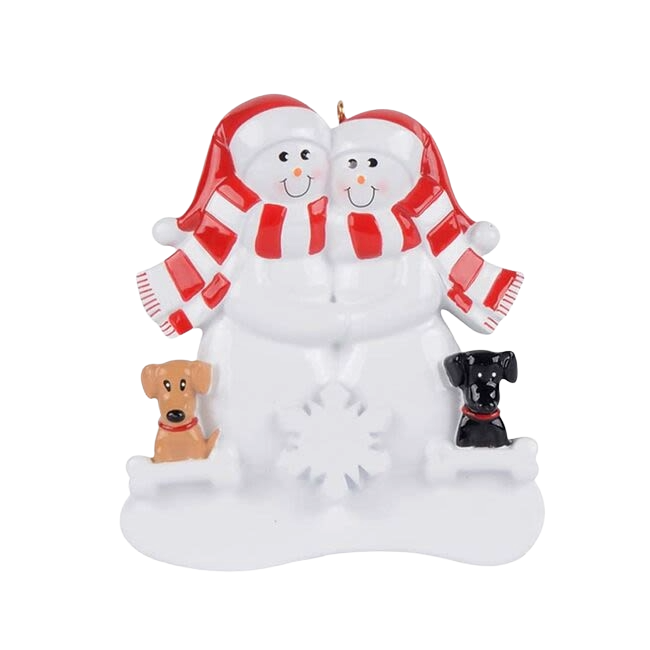 Snow couple ornament wearing red and white scarves with black and tan dog figurines for Christmas décor under $50