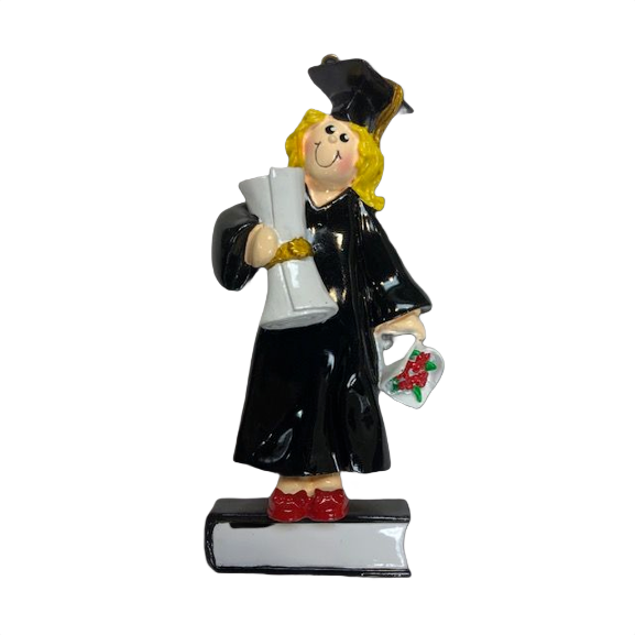 Blonde female graduate ornament in cap and gown holding diploma and flower, Christmas Ornaments & Tree Decorations collection