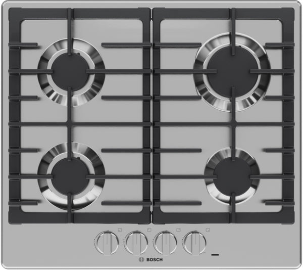 Four-burner stainless steel gas cooktop with porcelain enamel cast iron grates and metal control knobs in kitchen appliances