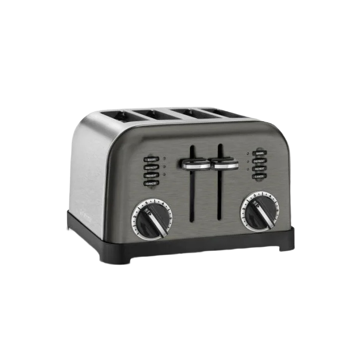 Four-slice stainless steel toaster with dual controls and adjustable browning settings for home kitchen use
