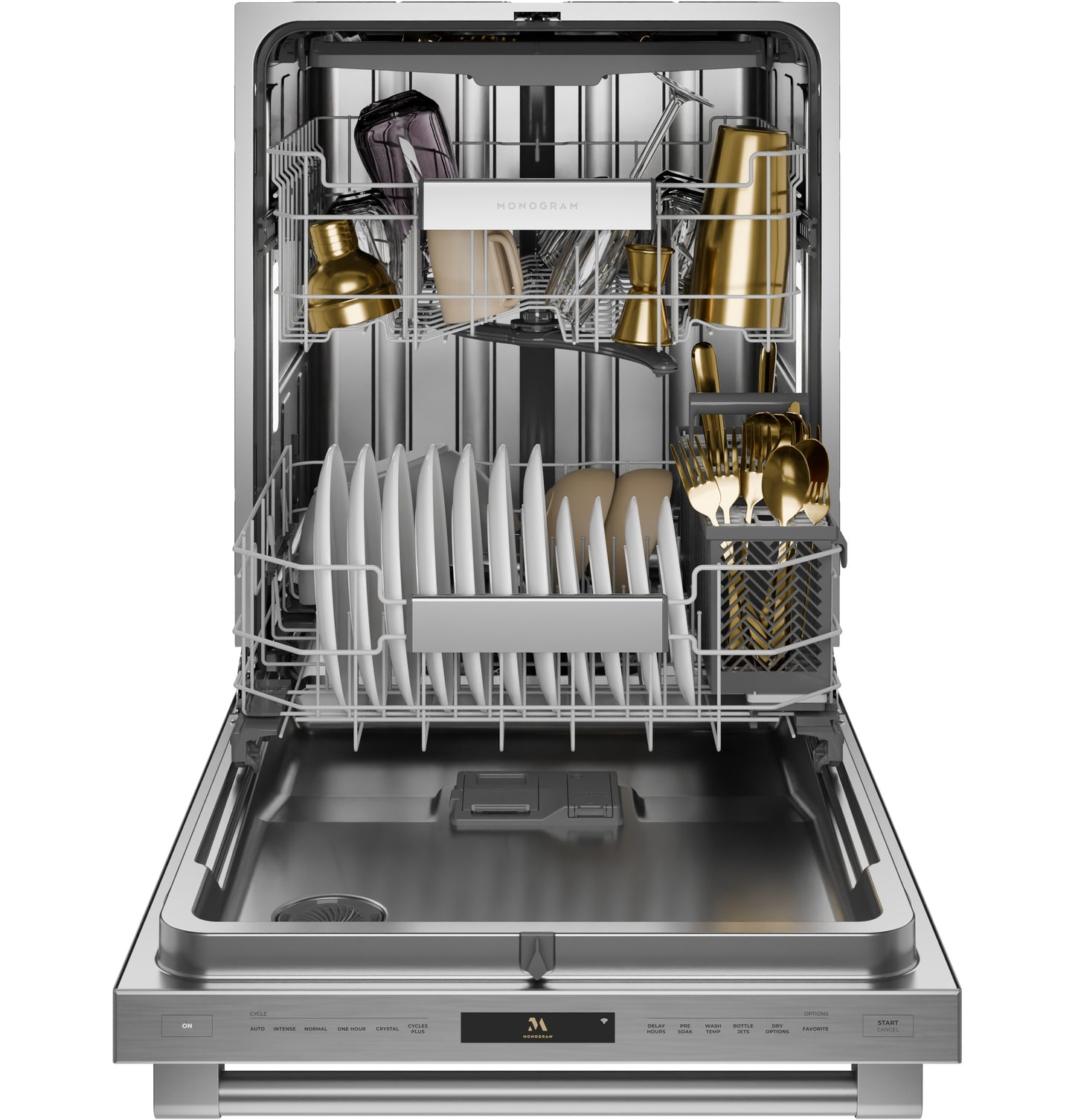 Open stainless steel dishwasher with fully loaded racks and organized dishes in Built-in Dishwashers and Appliances collections
