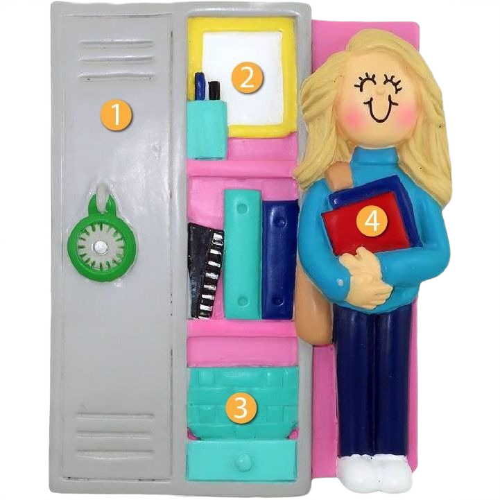 Personalized ornament featuring a blonde female student next to pink and gray school locker, holiday decor under 50 dollars