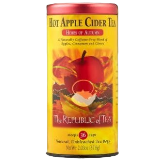 Yellow and red tea tin of hot apple cider blend with cinnamon and cloves from the Food & Beverage collection
