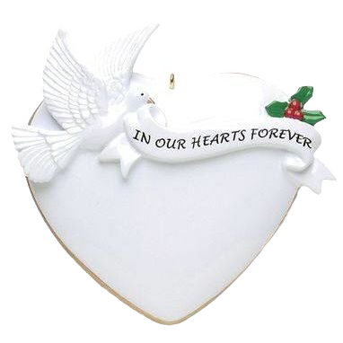 White heart ornament with dove holding In Our Hearts Forever ribbon in Christmas Ornaments & Tree Decorations collection