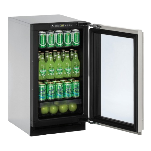 18-inch black beverage refrigerator with glass door, adjustable shelves, and LED control panel in kitchen appliances collection