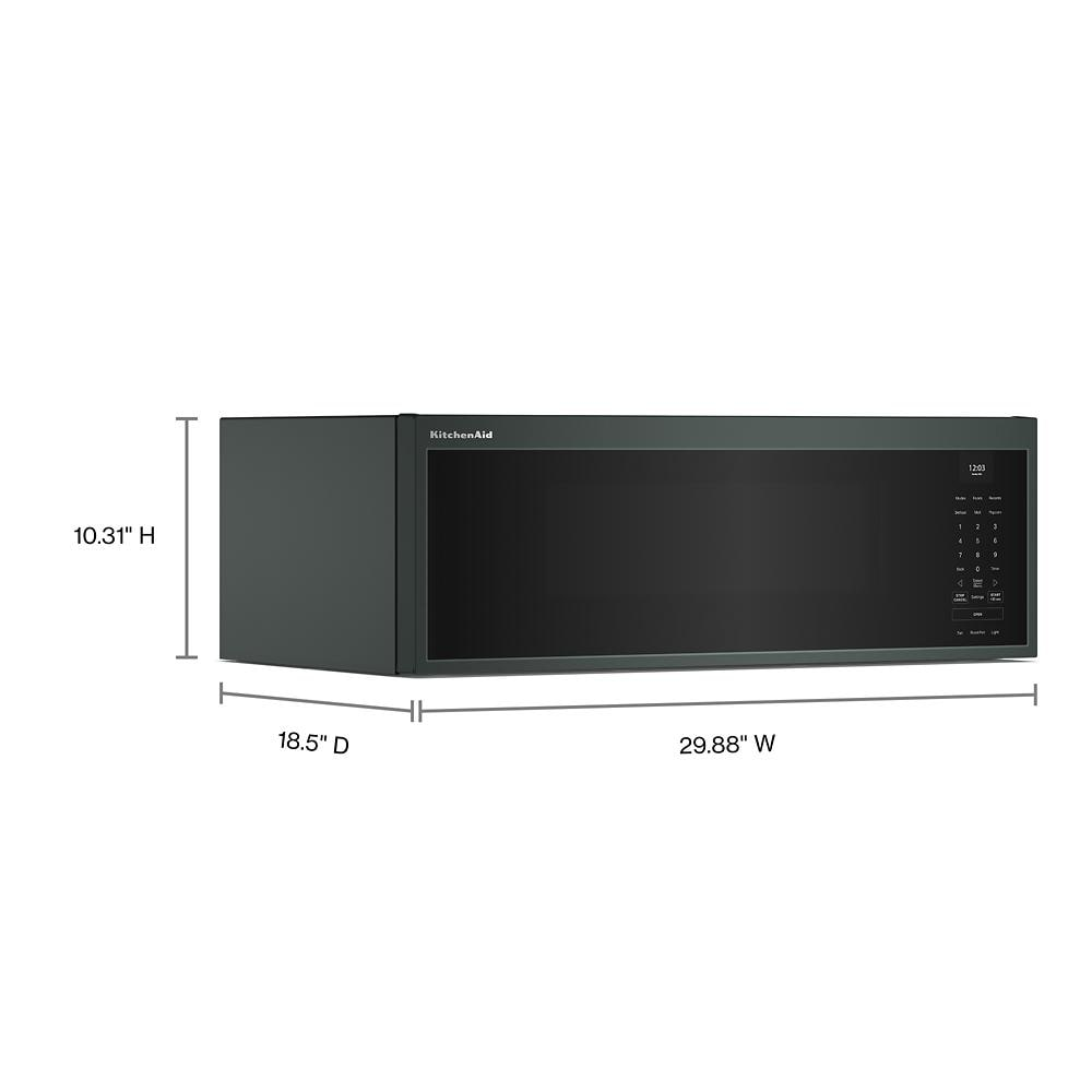 Modern black low profile microwave hood with touch control panel for over the range kitchen appliances collection