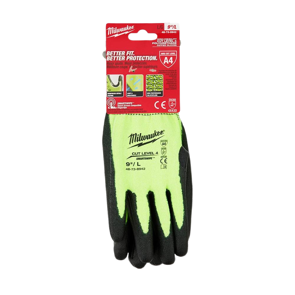 Large high-visibility gloves with cut level 4 polyurethane palm for enhanced safety in work and hardware tasks under $50