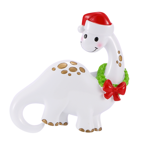 White dinosaur ornament with gold accents wearing a red Santa hat and green wreath for Christmas tree decor under $50