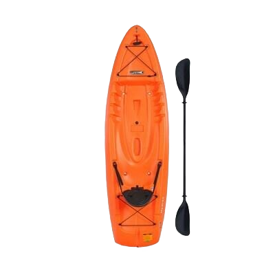 Bright orange sit-on-top kayak with paddle, designed for stability and comfort in outdoor games and toys collection.