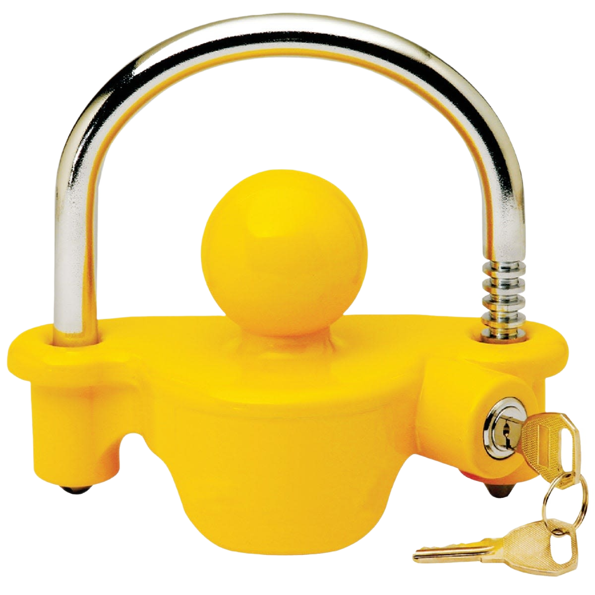Yellow universal coupler lock with chrome shackle and two keys for trailer security in home improvement parts under $50