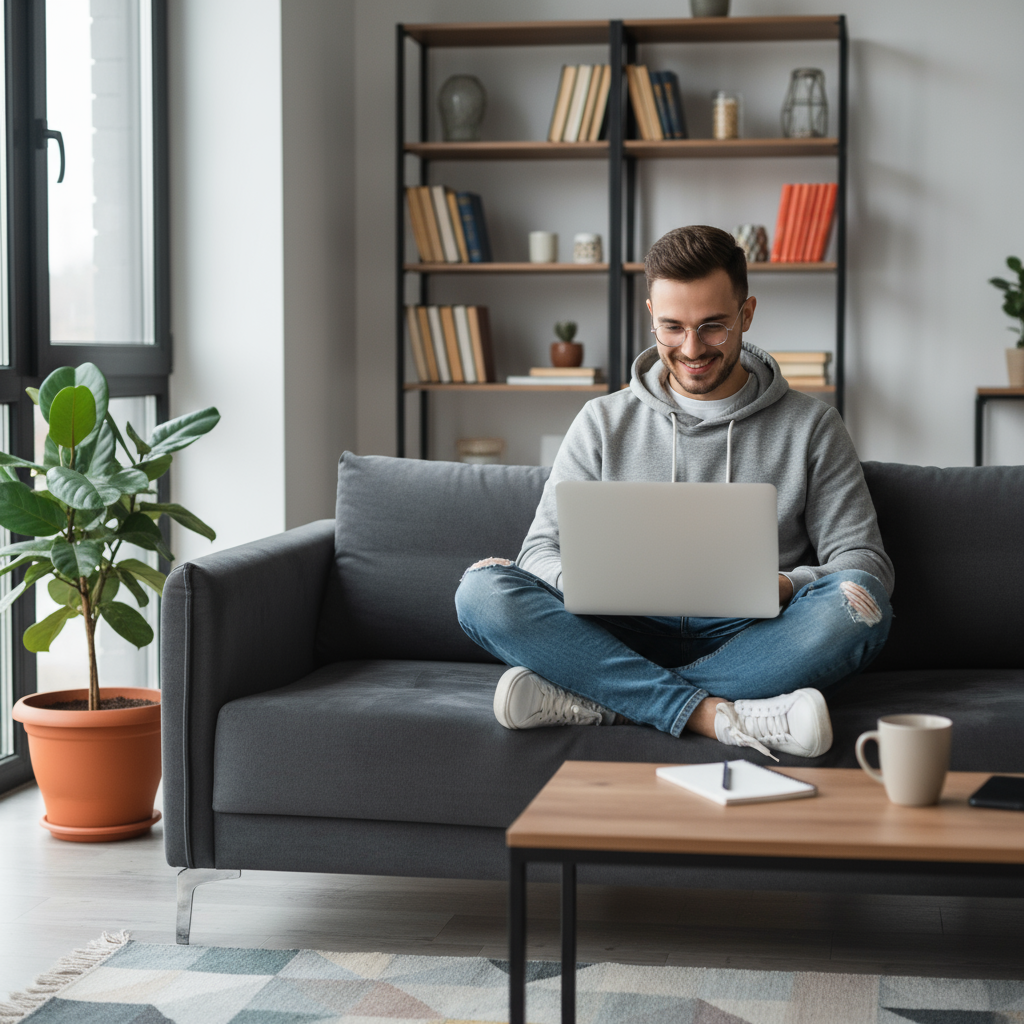 Young man wearing glasses and a casual hoodie sits cross-legged on a gray sofa, working on a laptop in a bright, modern living room.