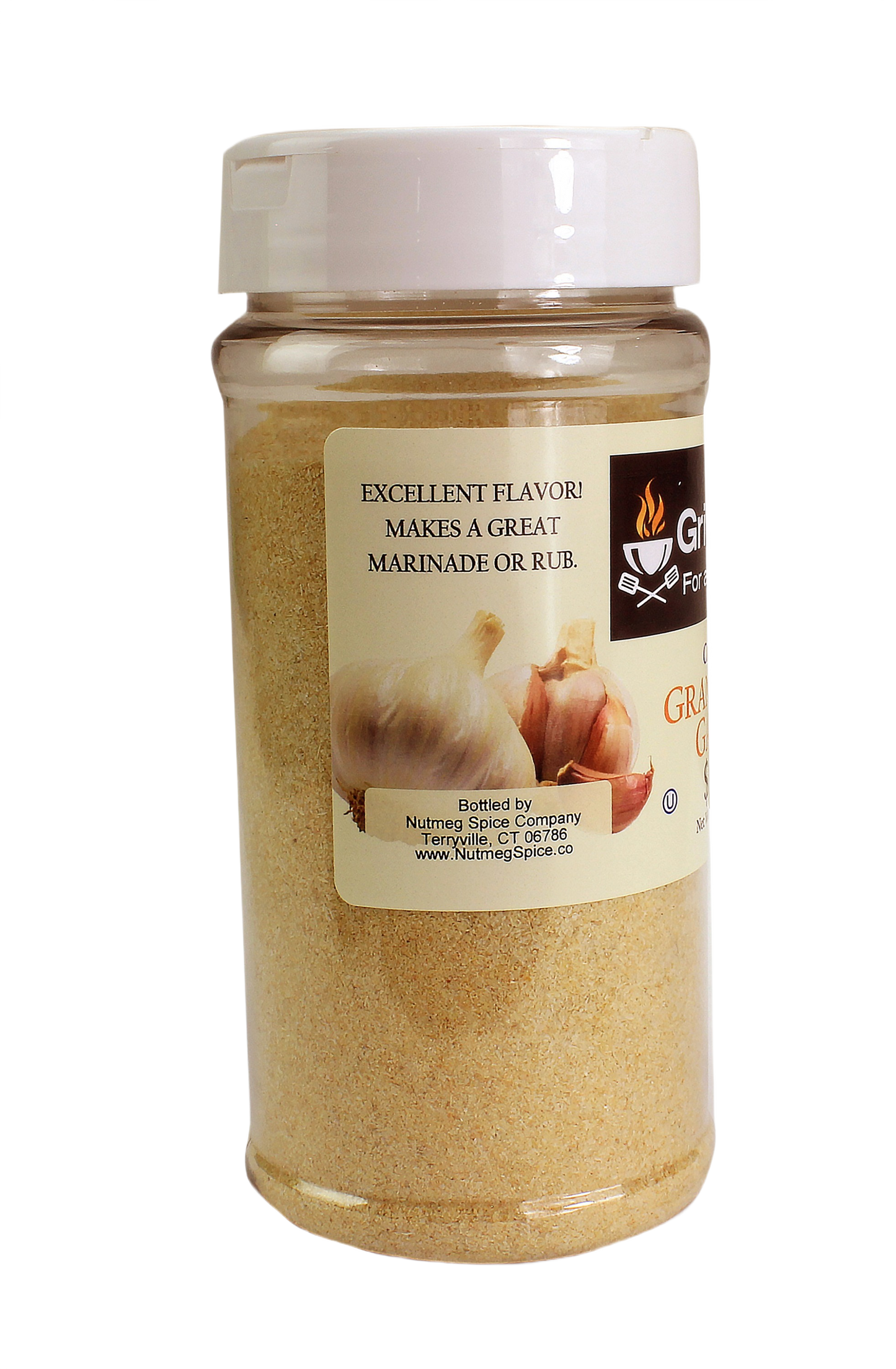 Clear plastic container filled with granulated garlic seasoning and white screw-on lid for grilling and outdoor cooking