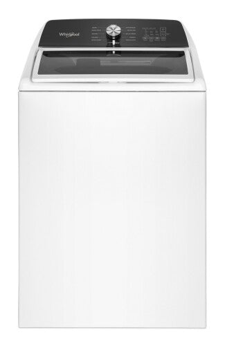 White Whirlpool top load washer with digital control panel and transparent lid for home laundry tasks