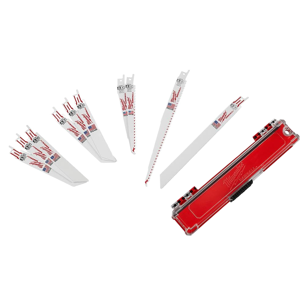 Set of ten Milwaukee reciprocating saw blades in various sizes with red carrying case for tools and home improvement tasks