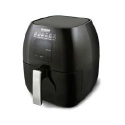 Glossy black air fryer with digital touch controls on the front panel and a silver handle on the removable cooking basket.