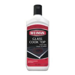 White plastic bottle of cleaner for glass cooktops with a black flip-top cap and a red and black label showing cooktop illustration and brand name.