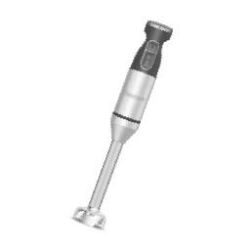 Silver and black handheld immersion blender with a detachable blending shaft isolated on a white background