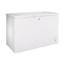 Large white chest freezer with a smooth finish and a hinged lid, designed for efficient cold storage in home or workshop settings.