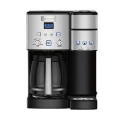 Automatic coffee maker with stainless steel and black finish, featuring digital display, control buttons, and a glass carafe with handle.