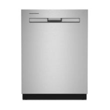Front view of a stainless steel dishwasher with a simple handle and smooth finish, suitable for modern kitchen installations.