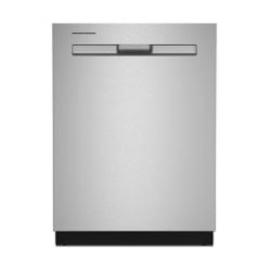 Front view of a stainless steel dishwasher with a simple handle and smooth finish, suitable for modern kitchen installations.