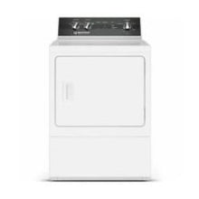 White freestanding electric dryer with a front-loading door and a black control panel featuring dials for selecting drying settings.