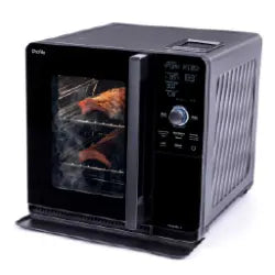 Compact black electric smoker with a transparent door showing meat inside, digital control panel, and ventilation on the side for home cooking.