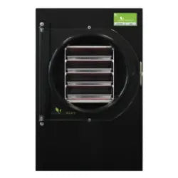 Black freeze dryer with a clear circular window showing multiple trays inside, designed for preserving food in home or lab environments.