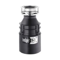 Black and silver kitchen sink garbage disposal unit with a cylindrical shape and branded label on the front.