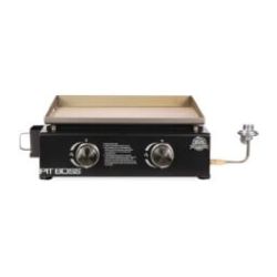 Compact tabletop griddle with stainless steel cooking surface and dual control knobs, designed for easy outdoor or indoor use with a propane connection.