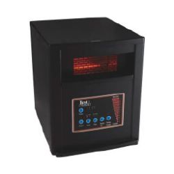Compact black electric heater with digital control panel featuring blue buttons and red indicator lights beneath a glowing heating element.