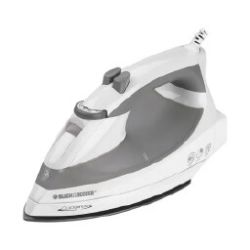 White and gray steam iron with ergonomic handle and pointed soleplate designed for smooth fabric pressing.