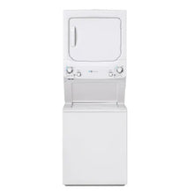White stacked laundry center with a top dryer featuring a curved handle and a bottom washer equipped with simple control knobs, designed for compact home use.