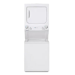 White stacked laundry center with a top dryer featuring a curved handle and a bottom washer equipped with simple control knobs, designed for compact home use.