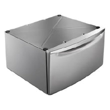 Stainless steel appliance pedestal with a curved handle front, designed to elevate and support home laundry or kitchen machines.