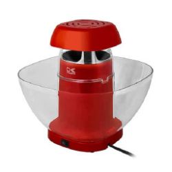 Red hot air popcorn popper with a clear plastic bowl and a vented top housing the popping mechanism, shown on a white background.