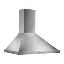 Minimalist stainless steel kitchen range hood with a tapered chimney design and smooth, brushed metal finish for modern ventilation.
