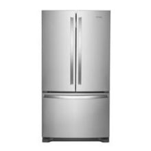 Modern stainless steel refrigerator with French doors on top and a spacious freezer drawer below, featuring sleek vertical handles.