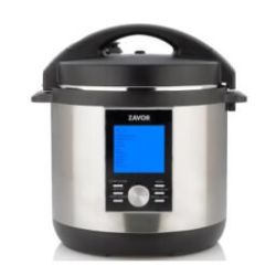 Stainless steel electric pressure cooker with black accents, digital control panel, and blue backlit display on a white background.
