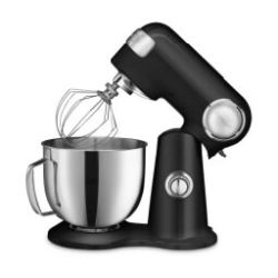 Black stand mixer with a stainless steel mixing bowl and wire whisk attachment, set against a plain white background.
