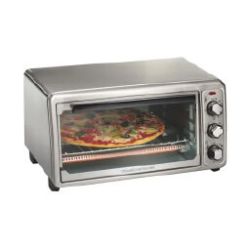 Compact stainless steel toaster oven with three control dials and a pizza cooking inside, shown on a white background