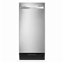 Tall stainless steel trash compactor with a recessed handle and a sleek, minimalistic front panel designed for kitchen use.