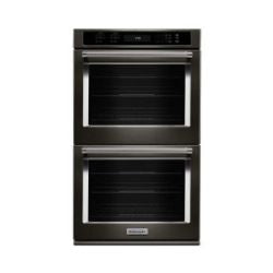 Double wall oven with stainless steel frame and black glass doors, featuring digital controls and sturdy handles for modern kitchen use.
