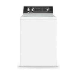 Top-loading white washing machine with a simple control panel featuring dials and buttons, designed for residential laundry use.