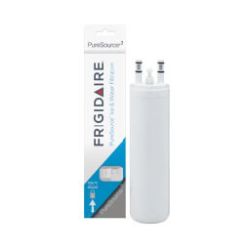 Tall white water filter cartridge with dual inlet connectors standing next to a narrow box displaying brand name and product details for home water filtration.