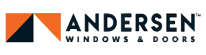 Logo featuring a modern, geometric design with a black and orange icon next to bold text spelling "Andersen" and smaller text stating "windows & doors" in a clean, professional style.