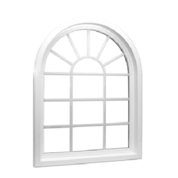 White arched window with multiple rectangular and semi-circular panes, featuring a clean, classic design suitable for home improvement projects.